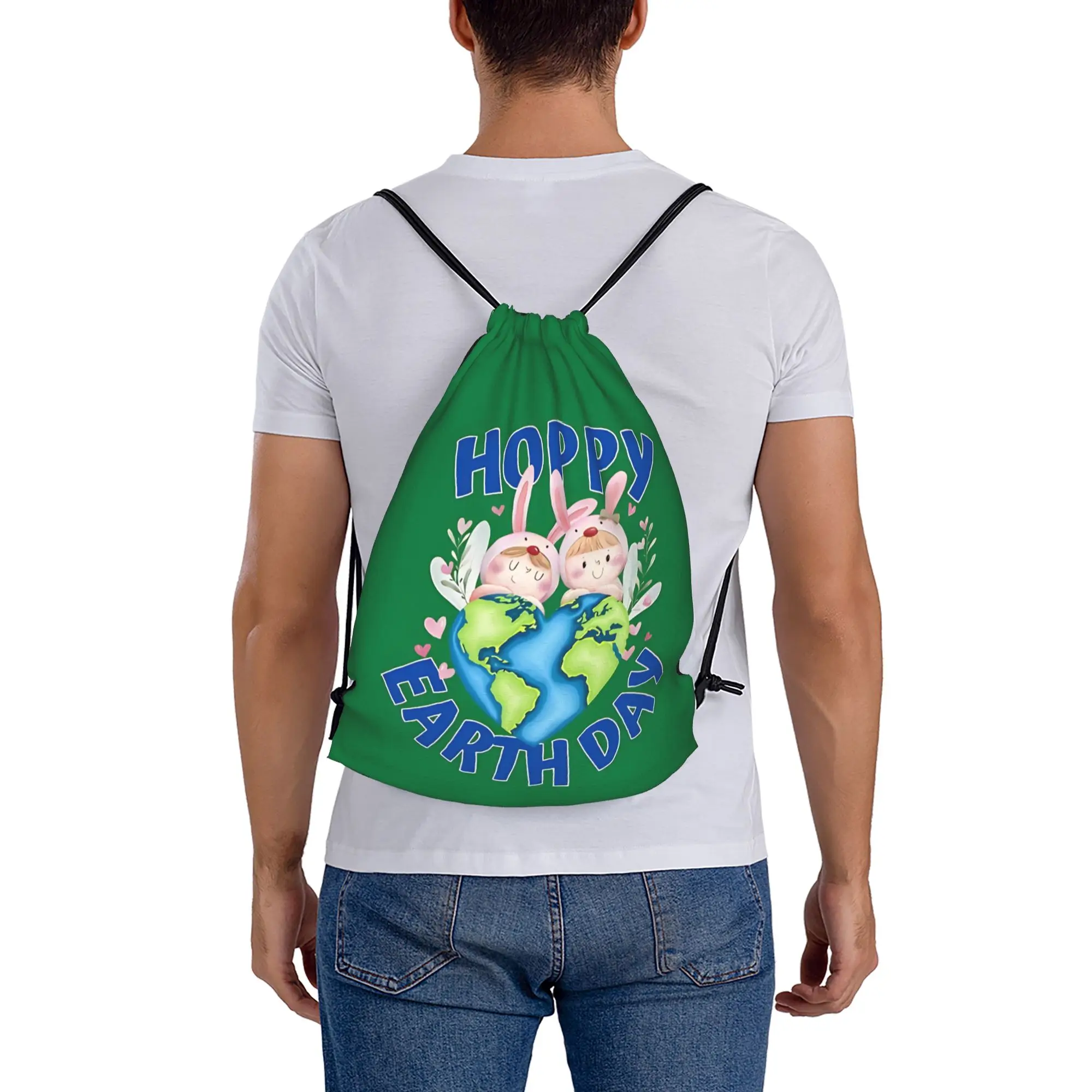 Earth Day Heart Earth With Bunnies Rabbit  Multi-function Pocket Men Women Storage Backpack  Travel Bag Print Drawstring Bags