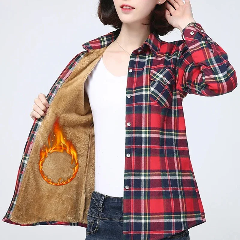 Womens Winter Fleece Plaid Shirt Vintage Thick Warm Blouse Elegant Office Lady Casual Velvet Jacket Tops Button Down Slim Shirts