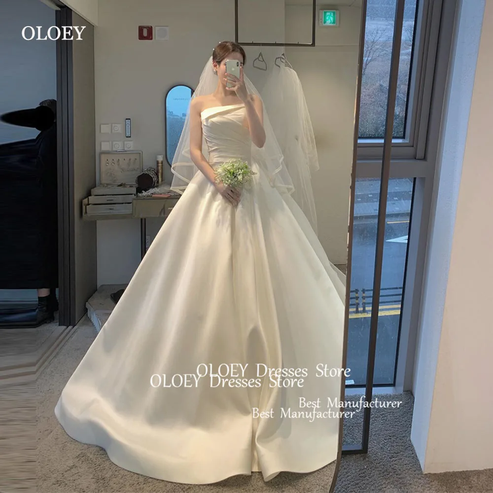 OLOEY Simple A Line Satin Wedding Dresses Korea Photoshoot Strapless Pleats Bridal Gowns Corset Back Free Veil Custom Made