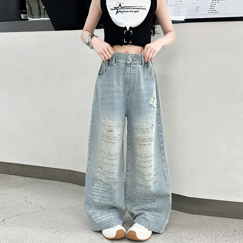 

Kids Fashion Street Hip Hop Letter-print Ripped Jeans For Teens Girl y2k Goth Punk Harajuku Wide Leg Denim Pants For Tween Child