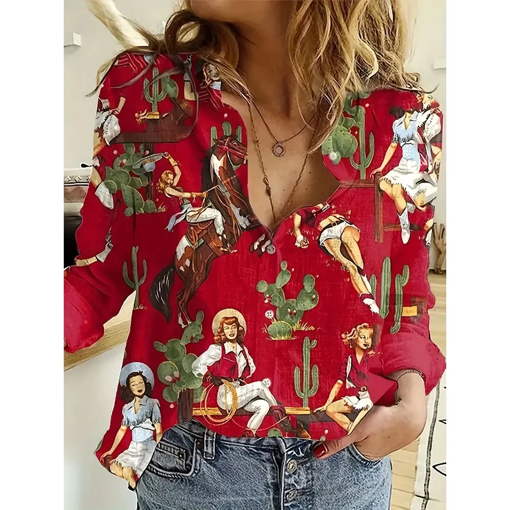 New Women\'s Blouse European 3d Printed Single-Breasted Long-Sleeved Shirt Simple Fashion Basic Shirts Summer Resort Style 2024