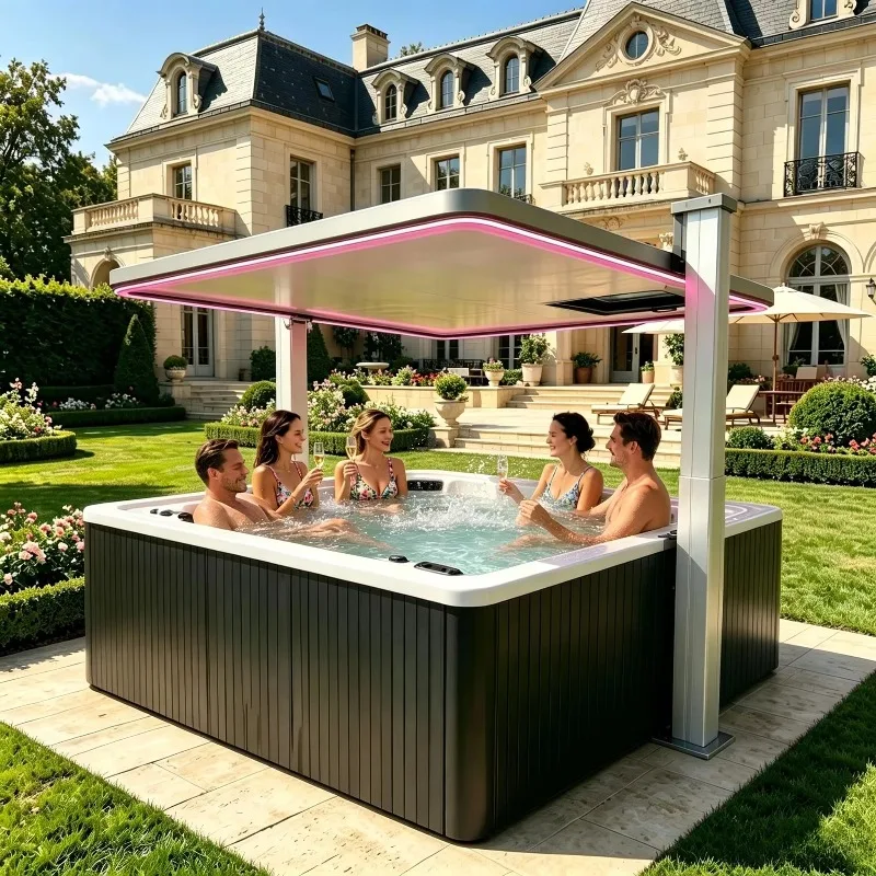 Outdoor Hot Tub Spa With Electric Lifting Canopy LED Ambient Light 5 Person Acrylic Whirlpool For Villa Garden Entertainment