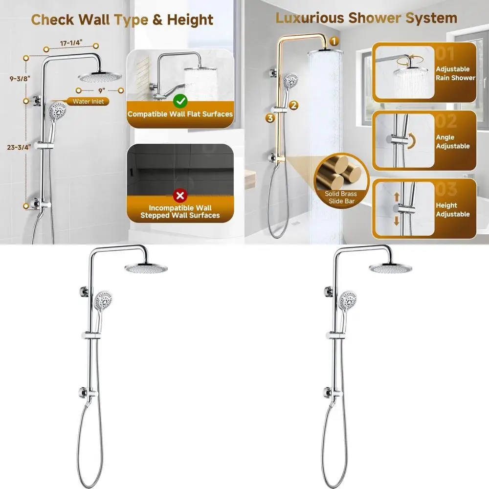 

9 Rain Shower System with Adjustable Height Holder, Solid Brass Rail, and 60 Stainless Steel Hose, Chrome Finish