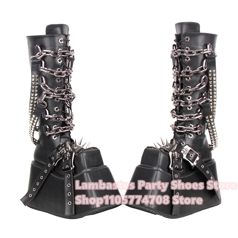 Black Handmade Platformleather Knee High Boot Women Round Toe Chain Rivets Decor Lace Up Buckle Strap Plus Size Long Boot