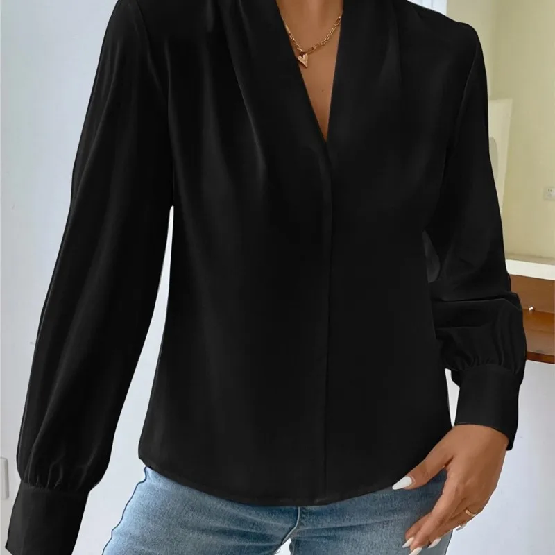 Elegant Women\'s Spring And Autumn Long Sleeved Shirt V-neck Solid Color Loose Blouse Top 2024 Fashionable Office Casual Shirt