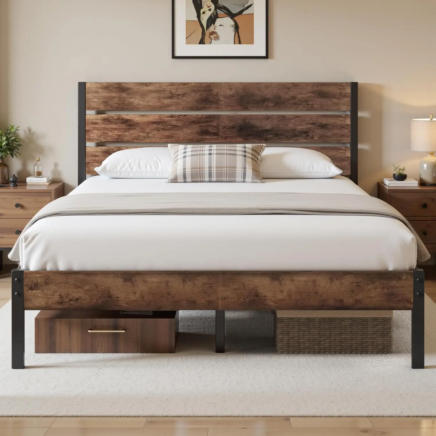 

Queen Bed Frame with Headboard and Footboard, Metal Queen Bed Frame with Under-Bed Storage, All-Metal Support System, No Box Spr