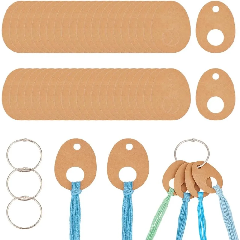 100Pcs Teardrop Floss Thread Drops Burlywood Paper Winding Thread Card Embroidery Thread Bobbins Organiser with 4Pcs Iron