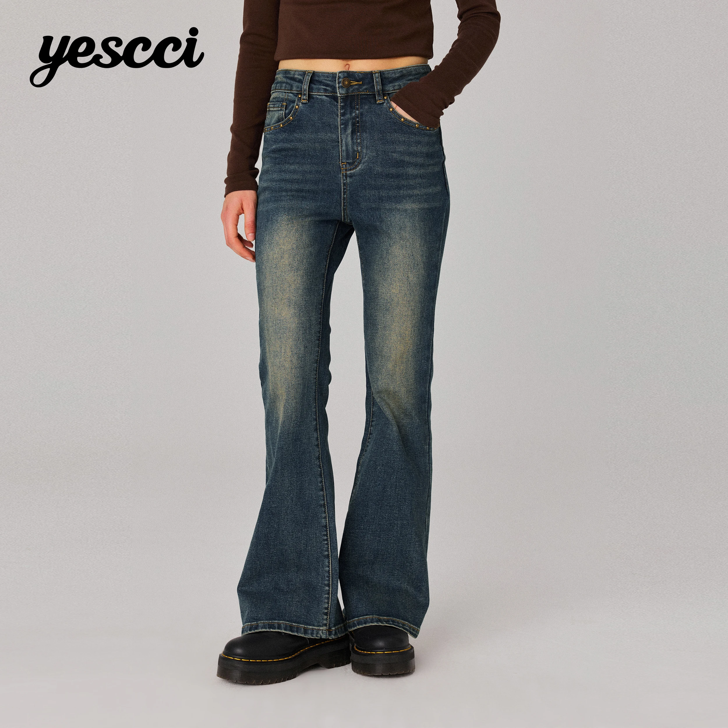 YESCCI Retro Flared Jeans Autumn New Vintage Washed Rhinestone Denim Trousers Versatile Daily Casual Pants For Woman Y726091003