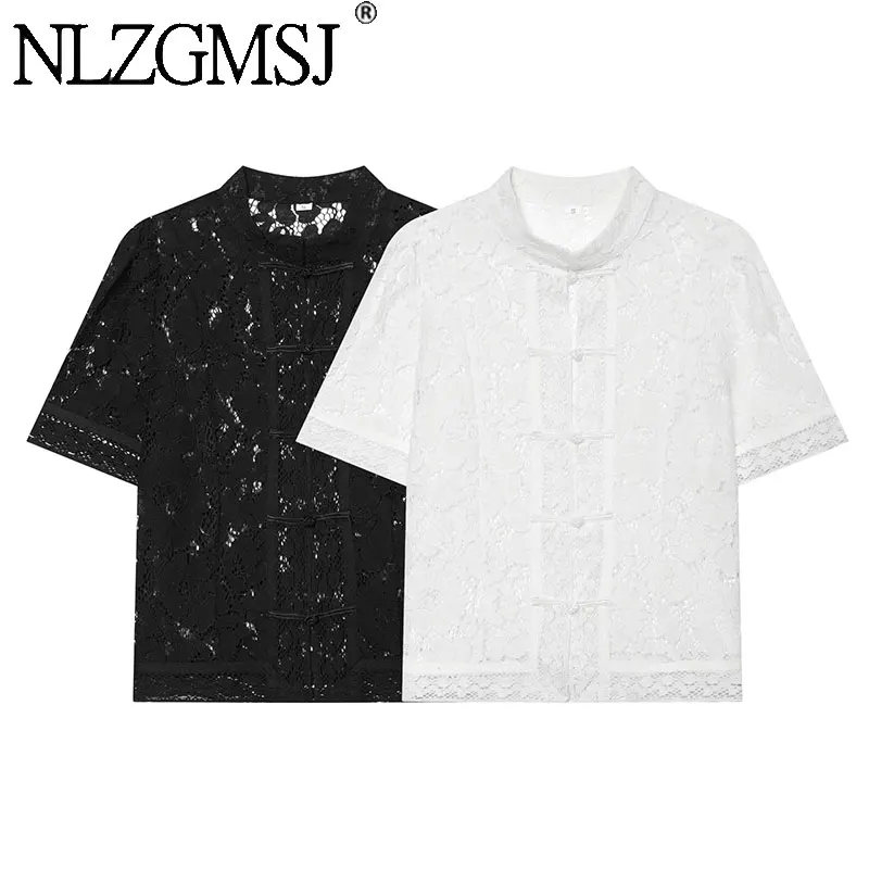 Nlzgmsj 2026 Women Chinese Style Lace Blouse Mandarin Collar Frog Button Short Sleeve Semi Sheer Floral Lace Top for Summer