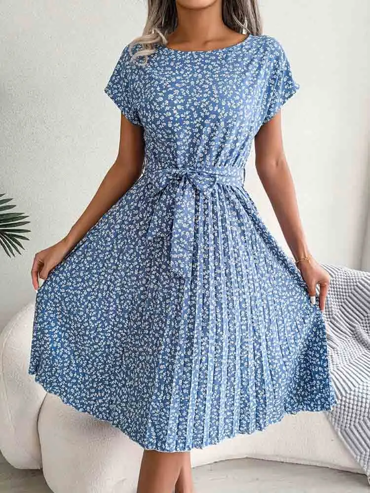 Fashion Floral Pleated A Line Long Dress Women Spring Summer Short Sleeve High Waist Chic Dress