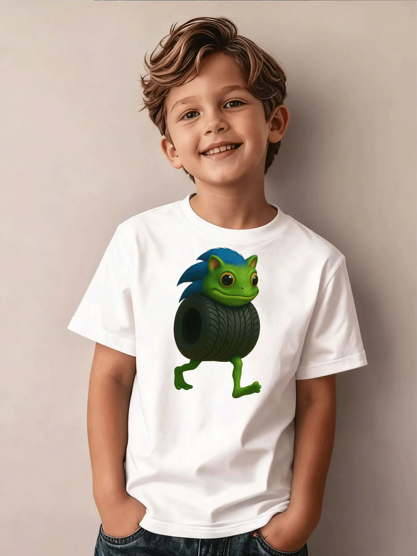 Cartoon Green Bio Blue Hair Tire Pattern Printed Children's T-shirt Summer Street Style Holiday Gift Parent-child Clothing