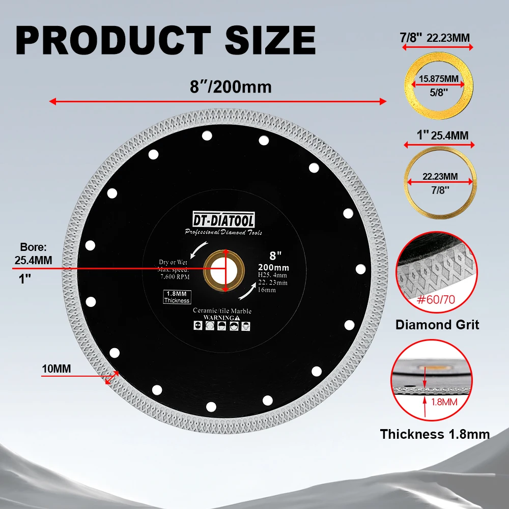DT-DIATOOL 1/2pcs Diamond Cutting Disc Dia 200mm/8inch Premium X Mesh Turbo Saw Blade For Porcelain Ceramic Tile Marble Cutter