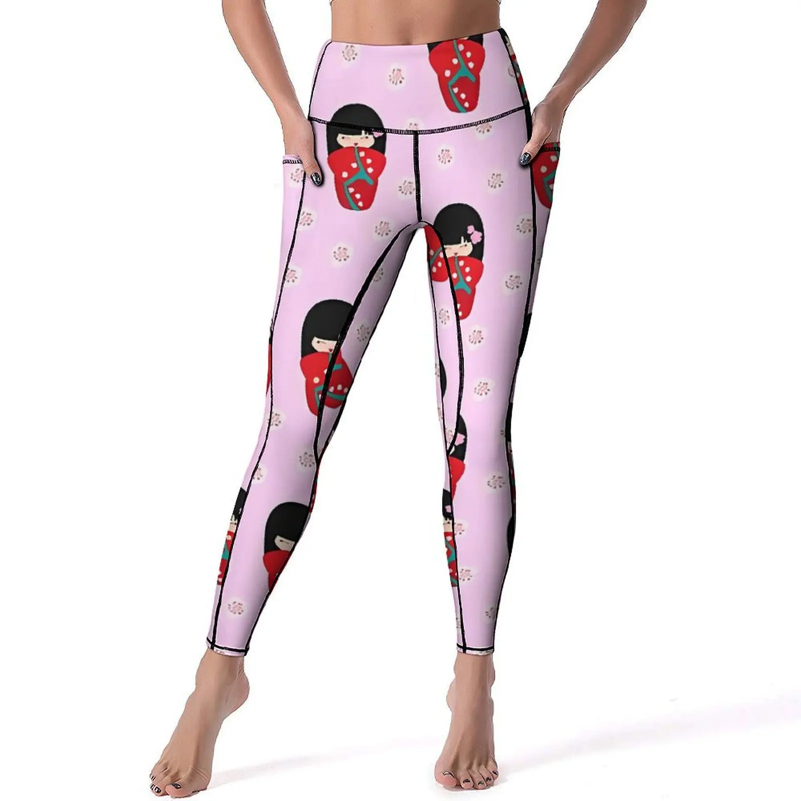 Japanese Dolls Leggings Sexy Red Kokeshi Fitness Yoga Pants Push Up Elastic Sport Legging Pockets Elegant Pattern Leggins