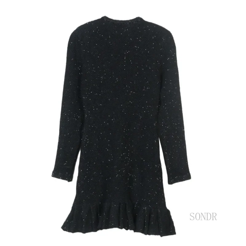 Shiny Pleated Fishtail Dress Sexy Black Dress 24 Autumn Winter Round Neck Double Breasted Crystal Heart Buttons Sweater Dress