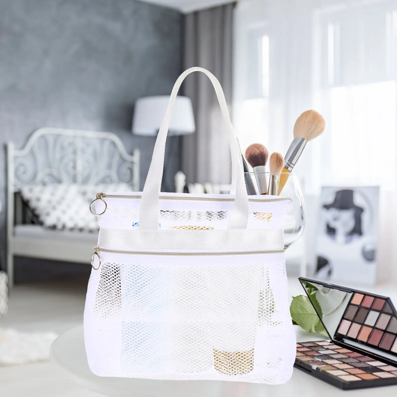 Portable Mesh Beach Bag Travel Toiletry Pouch Compact Stylish Easy-Carry Handle for Underwear Socks Storage Shower Dorm