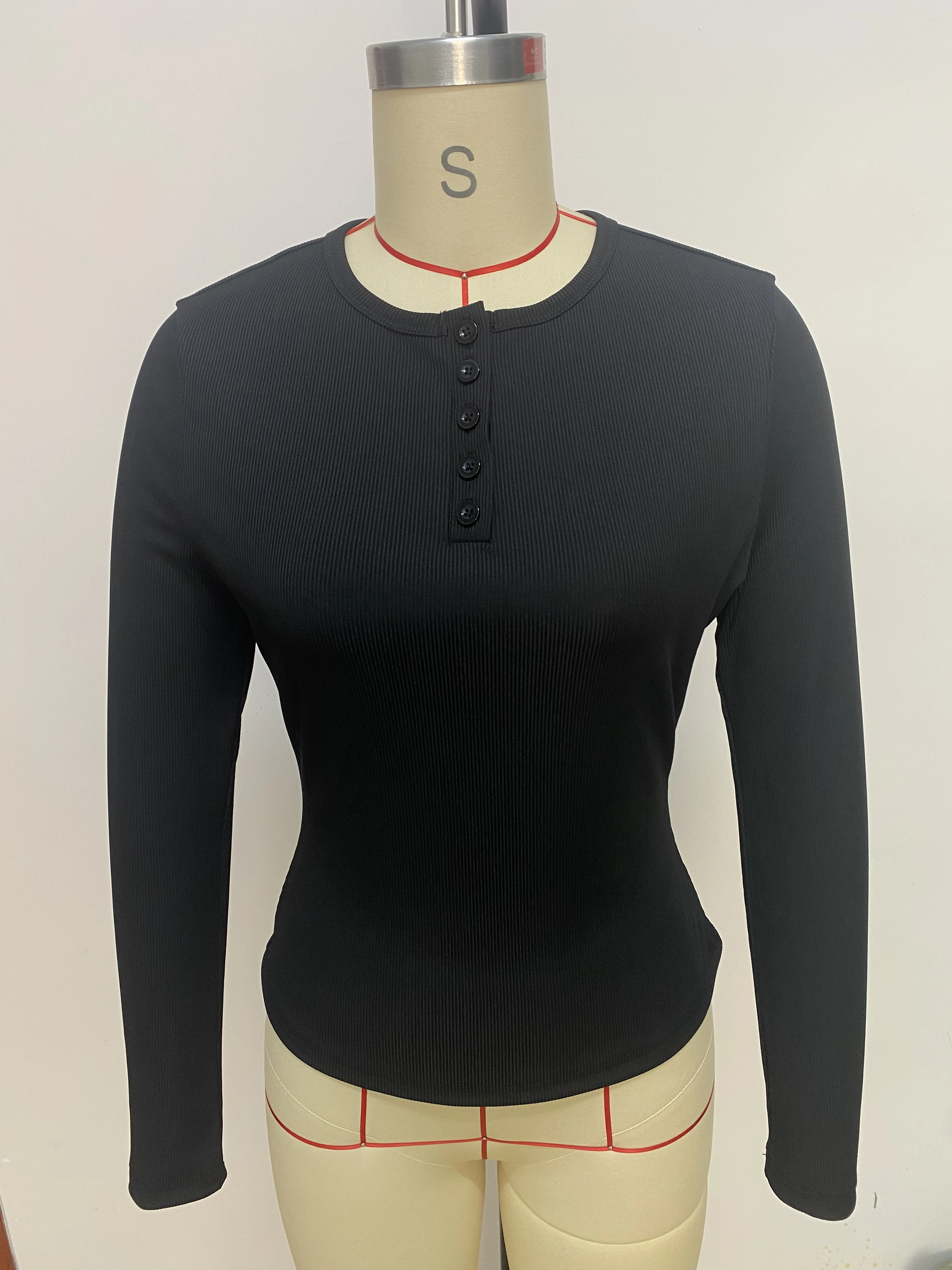 Frauen Herbst Frühling Top O Neck Button Langarm Shirts Einfarbig Slim Fit Pullover T-shirt Bluse Einfache Stil Dame Kostüm – Detail 6