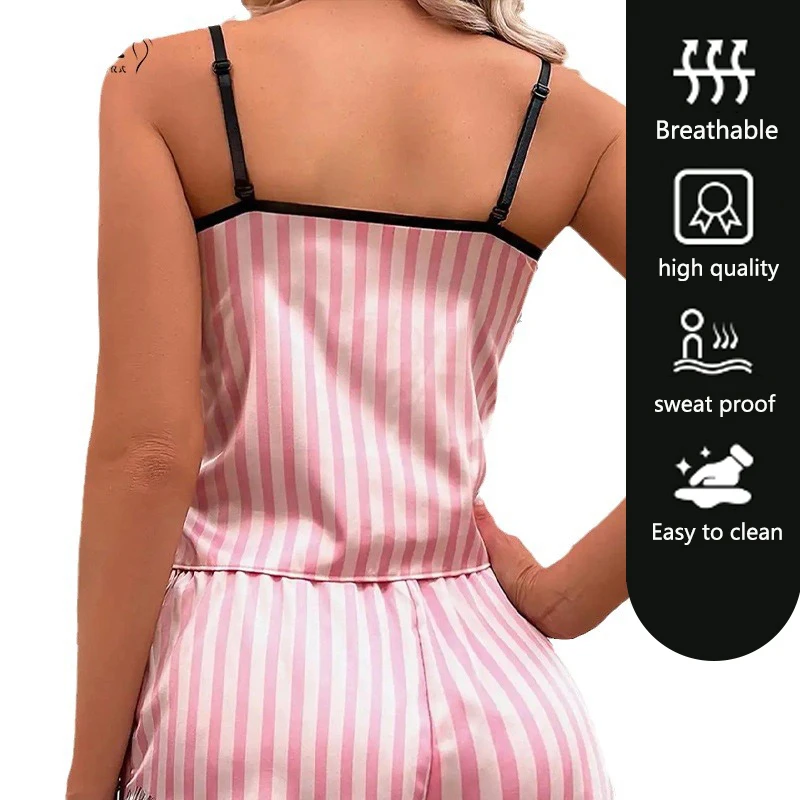 2PCS/Set Women Pyjamas Halter Vest Shorts Europe Solid Striped Ladies Lace-Up Fashion Sexy Lace Suspenders Soft Casual Homewear