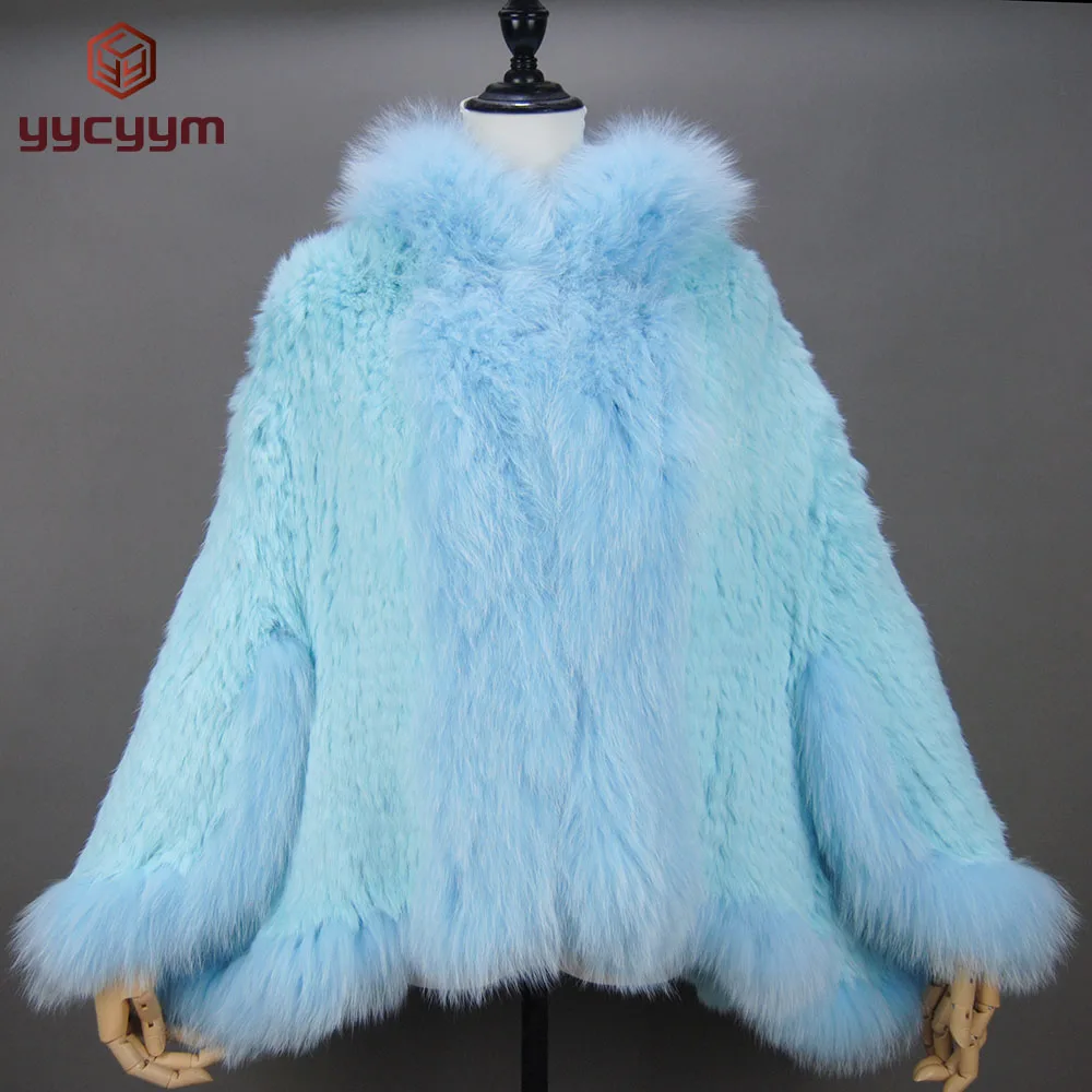 Fashion New Style Real Genuine Natural Knitted Rabbit Fur Shawl Coat With Fox Fur Collar Women's Fashion Knit Jacket Cape