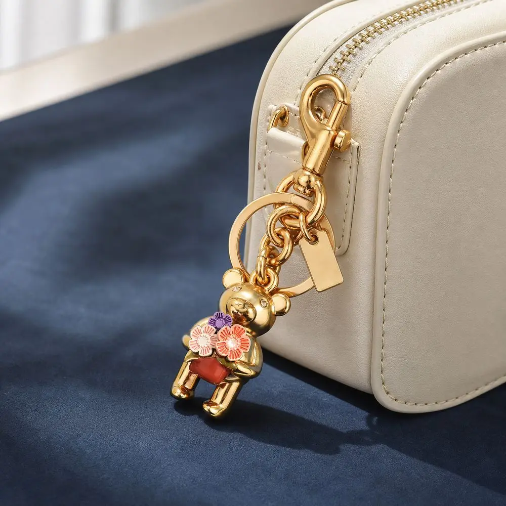 Metal Bear Keychain 3D Bear Keychain Flower Bouquet 3D Bear Figure Bear Bag Charm Lobster Clasp Chain Ring Key Organization