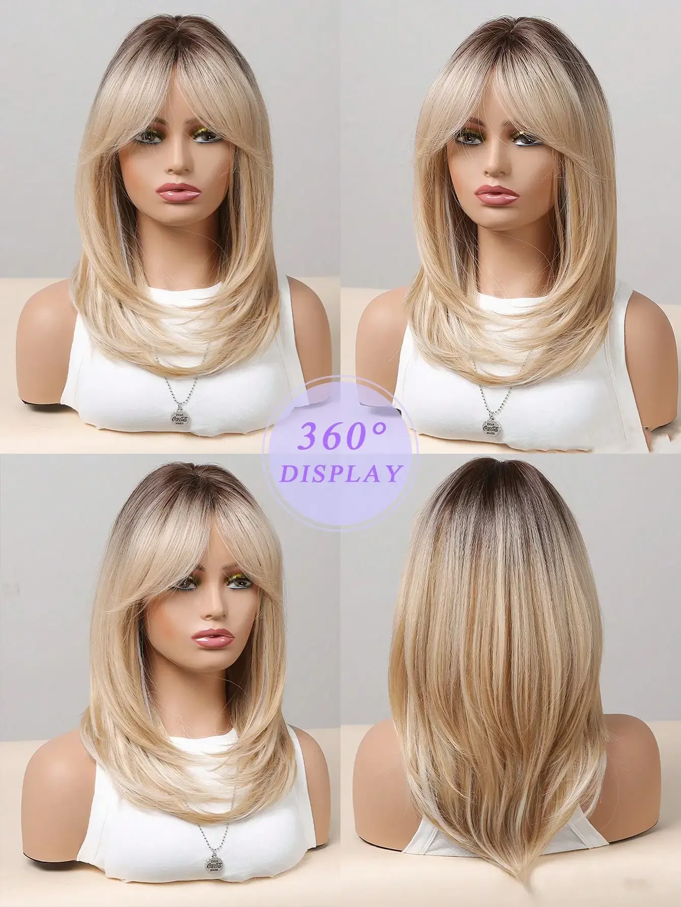 Charming Long Blonde Wigs for Women Synthetic Hair Wig with Fringe Ombre Color with Dark Roots Layered Wigs Heat Resistant Wigs