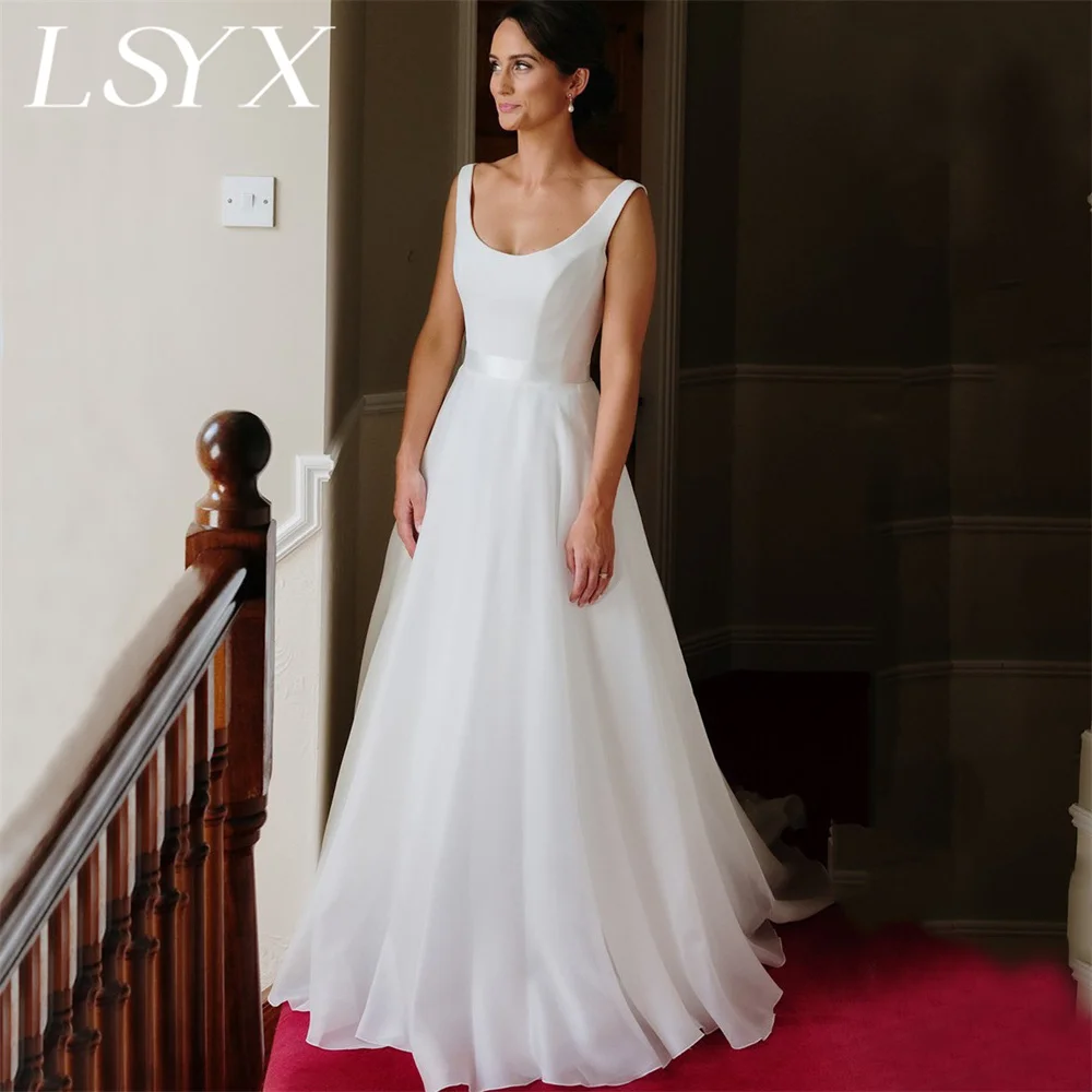 LSYX-Robe de mariée en fibre d'organza pour femme, col rond, nœud en pansement, fermeture éclair au dos, ligne A, longueur au sol, robe de patient, sur mesure