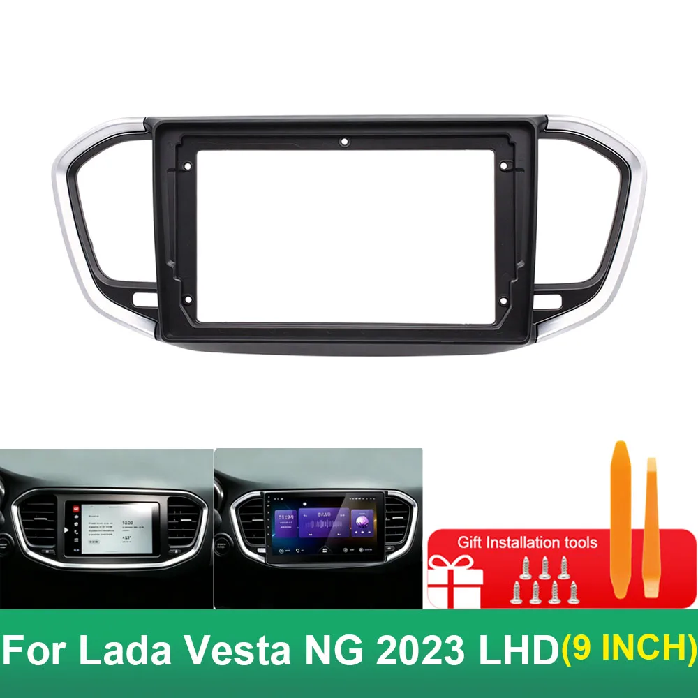9 Inch Dash Mount Fascia Frame Kit For Lada Vesta NG 2023 LHD Black Silver Stripe Android Radio Panel With Canbus Box