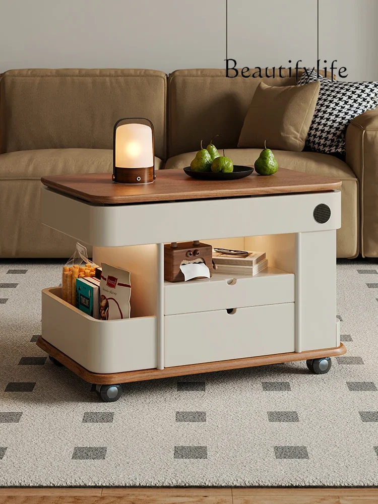 Italian Minimalist Solid Wood Mobile Coffee Table Modern Simple Home Balcony Lifting Tea Table