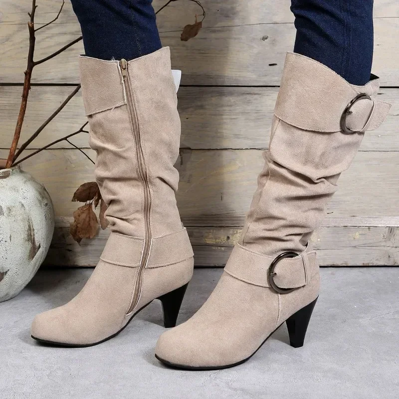 2023Winter Fashion Shoes for Women Side Zip Women\'s Mid-Calf Boots Spike Heels Casual Women\'s Shoes Med Heel Buckle Ladies Boots