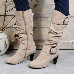 2023Winter Fashion Shoes for Women Side Zip Women's Mid-Calf Boots Spike Heels Casual Women's Shoes Med Heel Buckle Ladies Boots