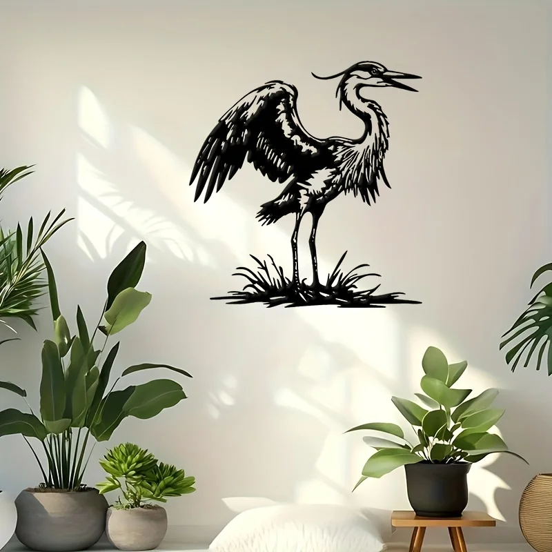 Great Blue Heron Iron Wall Art Black Bird Sculpture Metal Nature Decor Indoor Outdoor Living Room Patio Valentine Gift Ornament