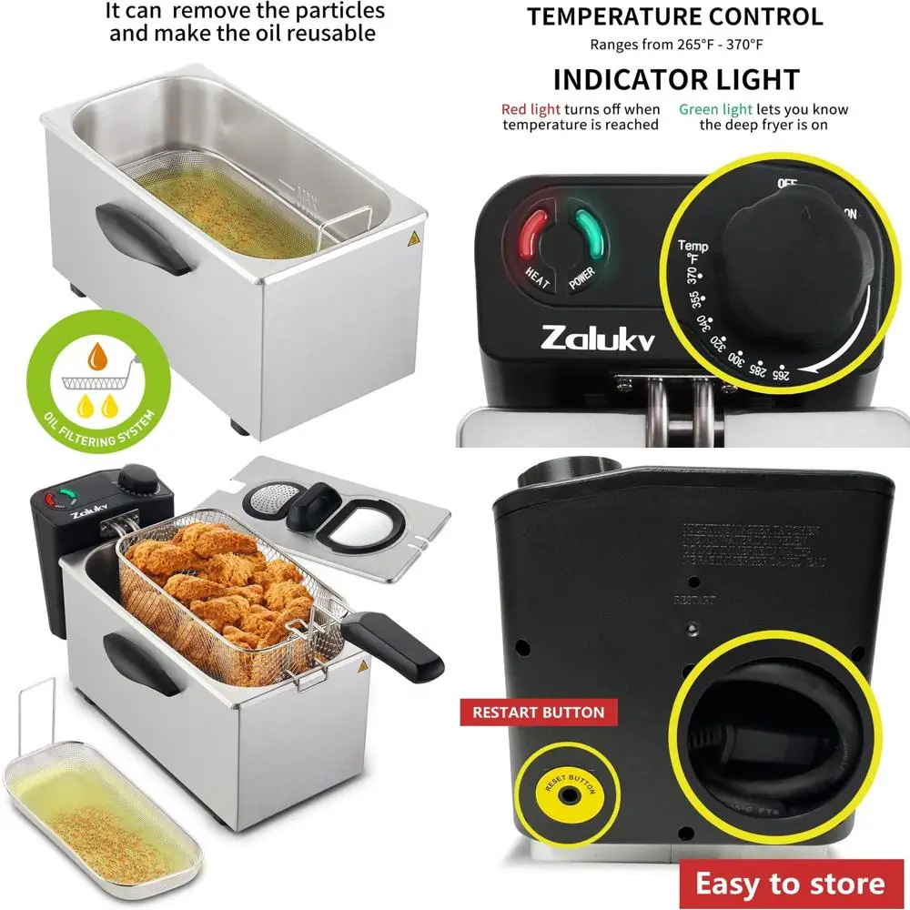 

1500W 3.5L Stainless Steel Deep Fryer with Viewing Window, Adjustable Temp, Odor Filter, and Removable Basket for Home Use