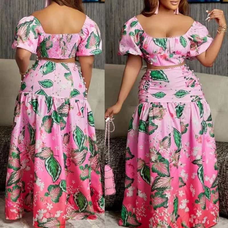 Summer New Women's Fashion Leaf Gradient Printed Short Sleeve Crop Top & A-line Skirt Set Female Sweet Casual Skirts Sets Outfit