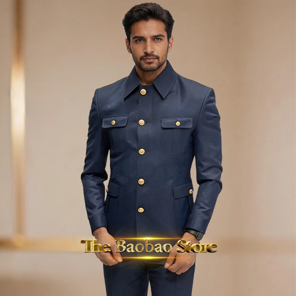 Mens Navy Blue Suit 2 Piece Suit Jacket Pants Set Formal Male Safari Outfit for Wedding Party Celebration Prom Evening Events