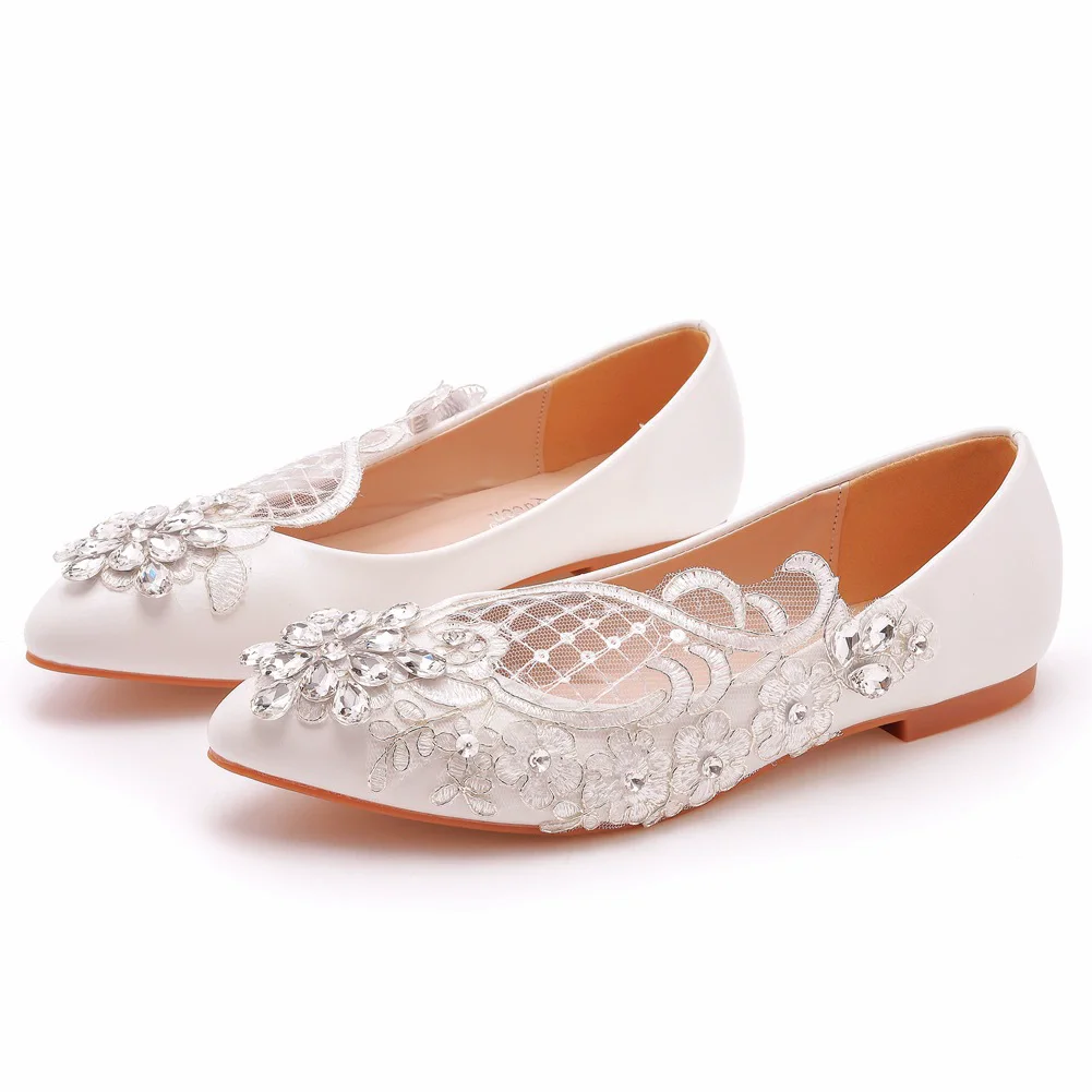 

Spring and summer pointed white PU rhinestone lace mesh flower flat wedding shoes banquet large size low-heeled women's shoes