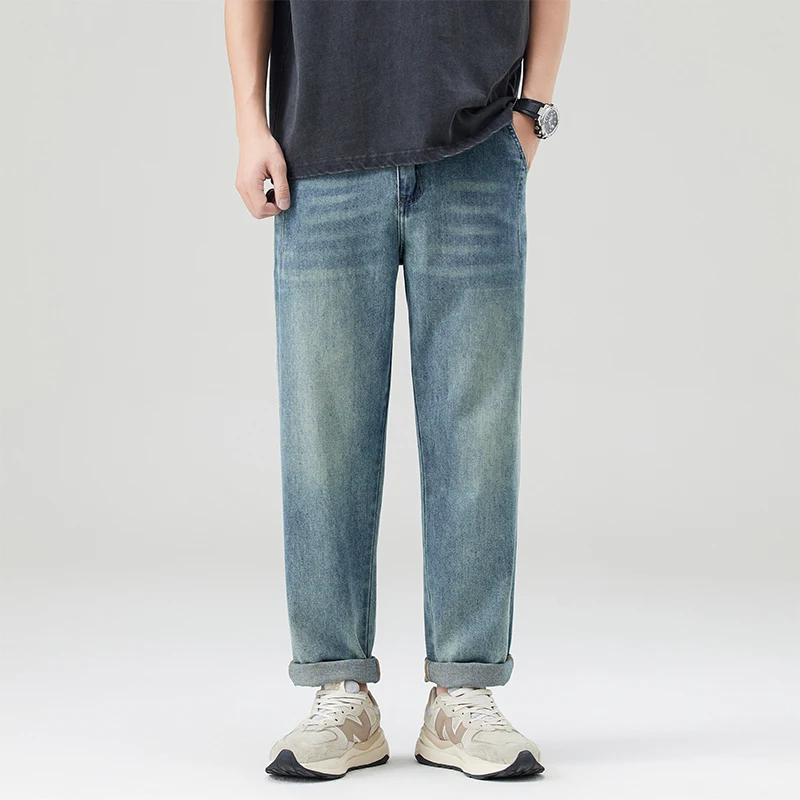 

2025 Summer New Men's Jeans Cone Shape 9 Points Loose Fit Straight Leg Slimming Japanese Style Casual Cropped Pants Trendy