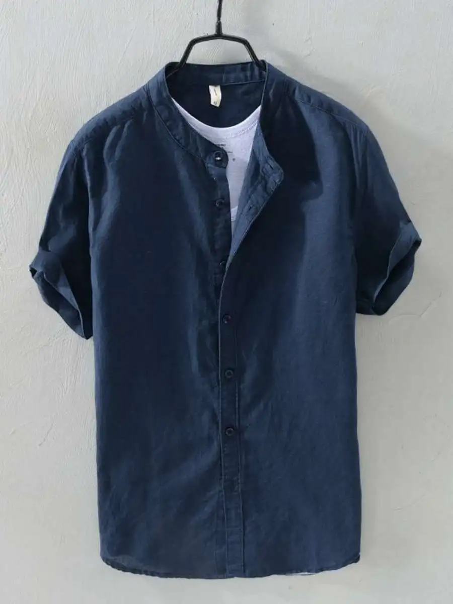 

Новая мужская льняная рубашка-поло из тонкого хлопка и льна, свободного кроя, с воротником-стойкой, приталенная, для весны и лета