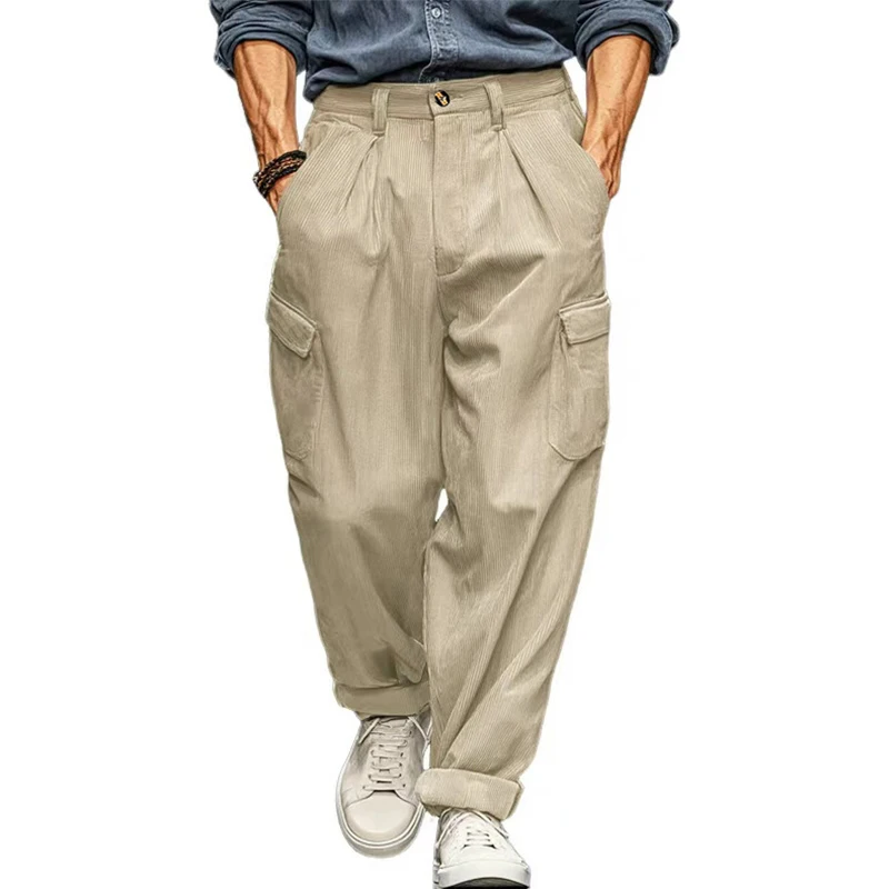Fashion Mens Solid Color Corduroy Pants Summer New Casual Multi Pocket Cargo Pants Men Vintage Loose Straight Trouser Streetwear