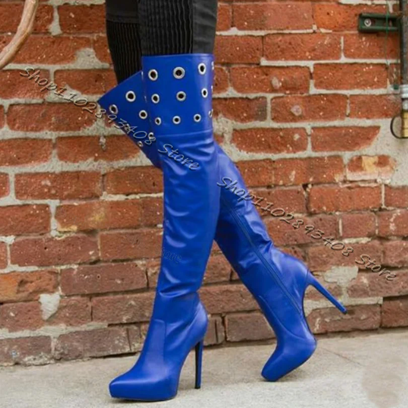 

Blue Metal Ring Decor Knee Boots Platform Pointed Toe Stiletto Heels Side Zipper Women Shoes Fashion Boots Zapatos Para Mujere