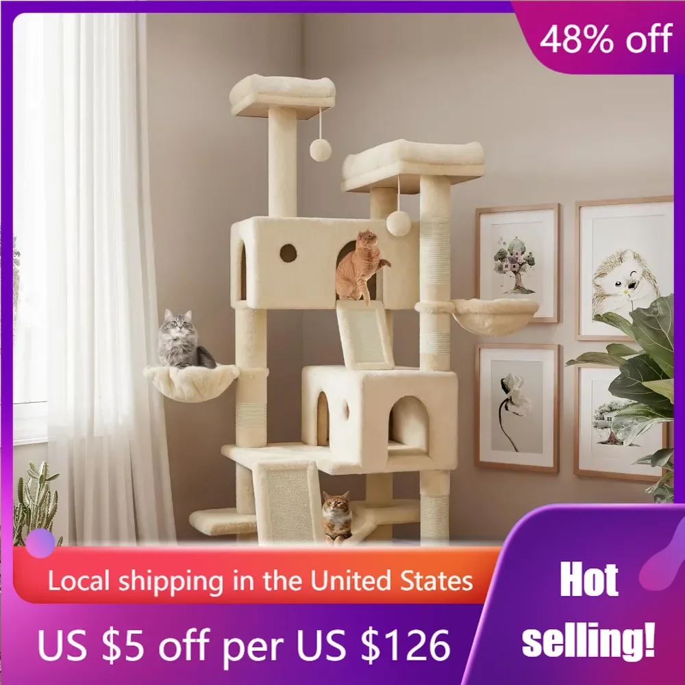 65in Larger Cat Tree Tower Condo for Indoor Cats, Wide Base/Cozy Plush Cat Perches/Baskets/Sisal Scratching Posts and Hammock