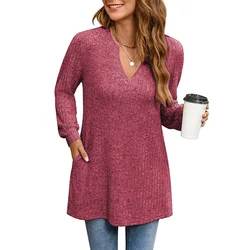 2024 Women's Spring Autumn Pullover V-Neck Comfort Stretch Solid Color Knitted Shirt Long Sleeved Side Split Loose Pockets Tops