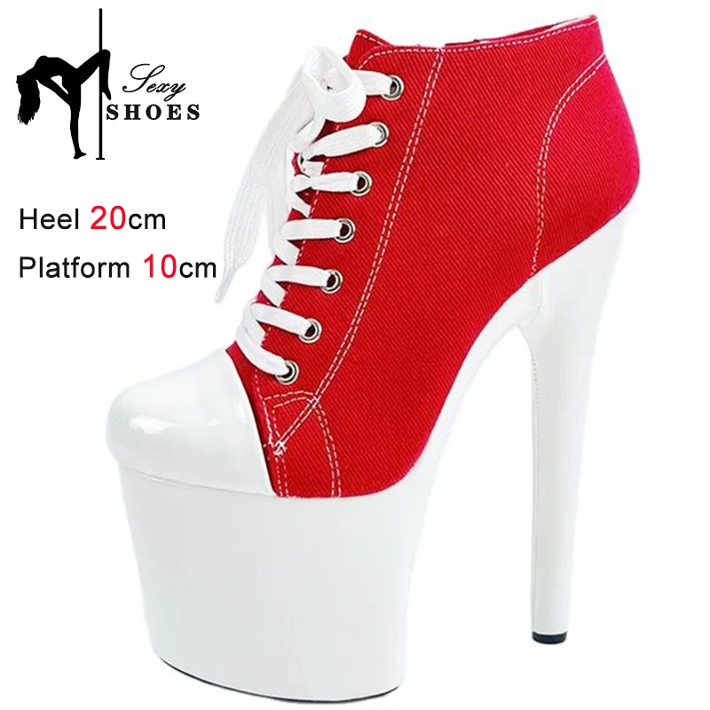 Red Canvas Shoes 2023 New White Platform Women\'s High Heels Antiskid Rubber Sole Denim Modern Short Boots Steel Pipe Dance Shoes