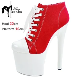 Red Canvas Shoes 2023 New White Platform Women's High Heels Antiskid Rubber Sole Denim Modern Short Boots Steel Pipe Dance Shoes