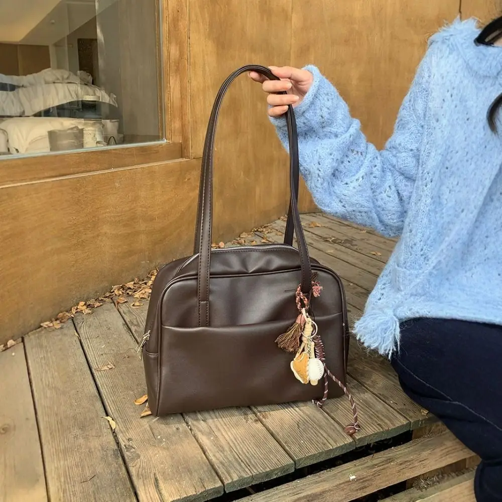 

Trendy French Style Bowling Bag Elegant PU Leather Boston Shoulder Bag Large Capacity Casual Women Handbags Girls