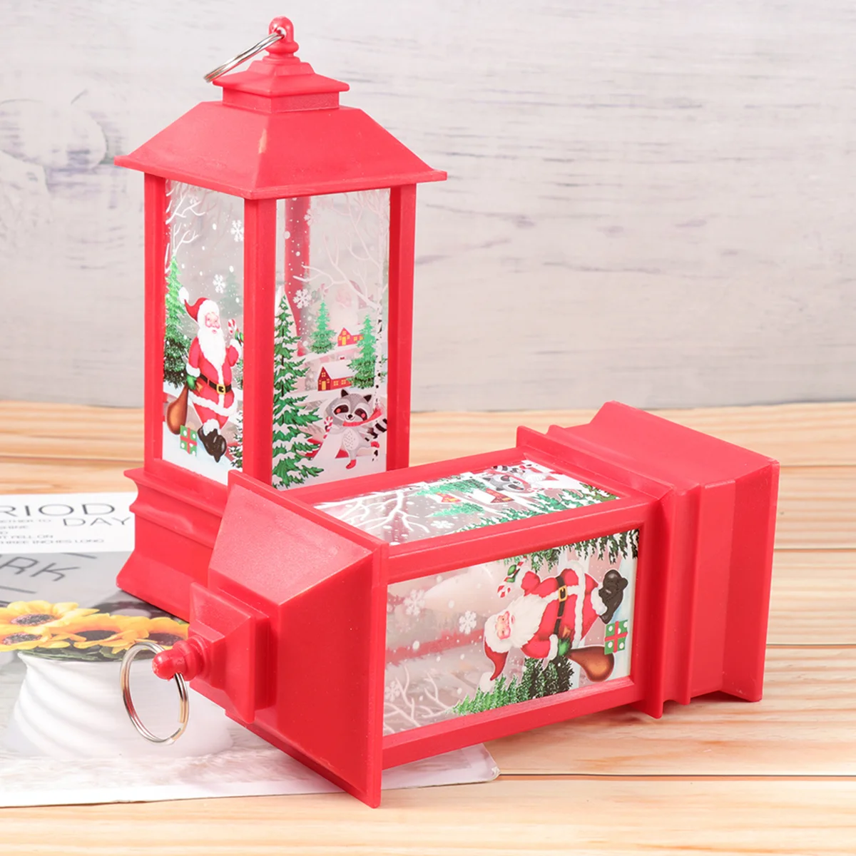 2 Pcs Christmas Snow Lantern Santa Decorating Tree LED Lighted Flame Hanging Lamp Glowing Candlestick