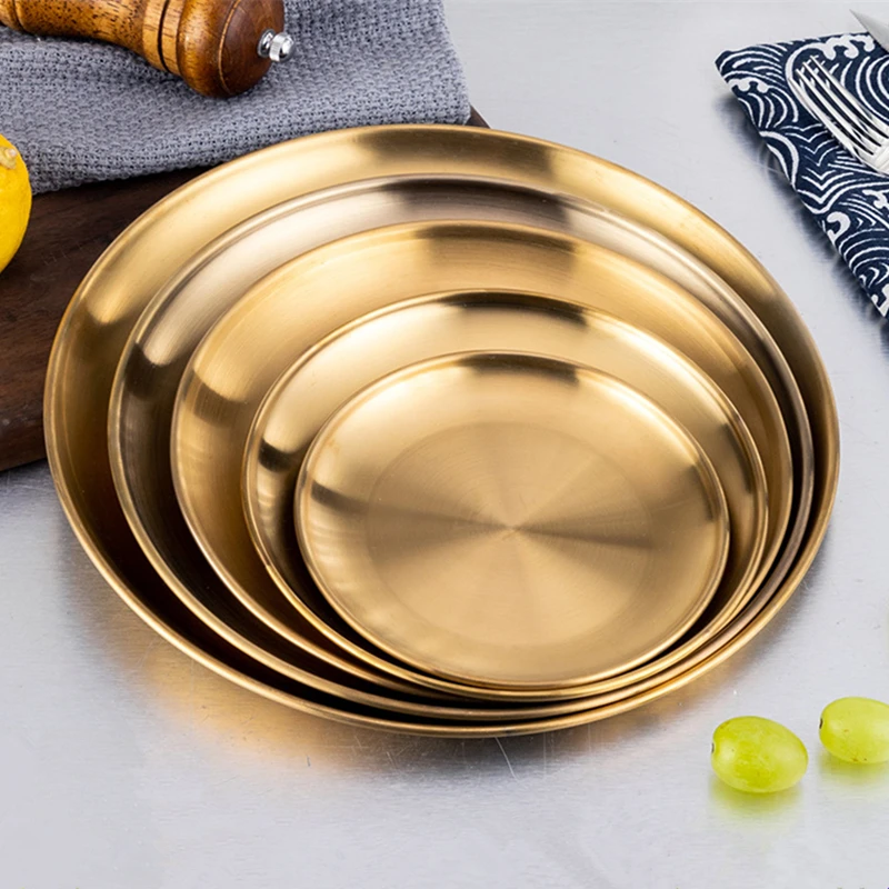 

7-Size Stainless Steel Dinner Food Plates Dining Round Thicken Cake Coffee Fruit Tray Western Steak Kitchen Dishes Tools