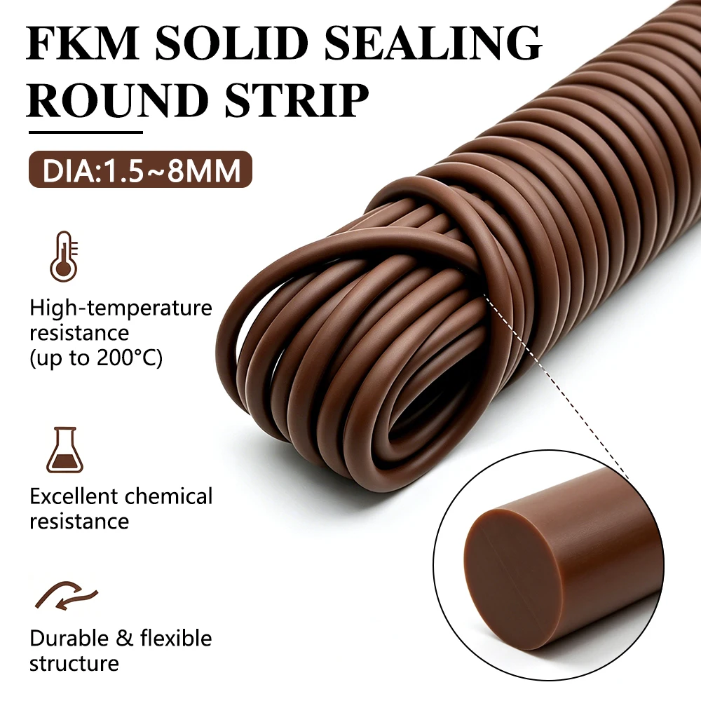 Vitons FKM Solid Round Sealing Strip Brown Fluoro Rubber Cord Dia 1.5-8mm 5/10/20M High Temp Chemical Resist Seal Rope