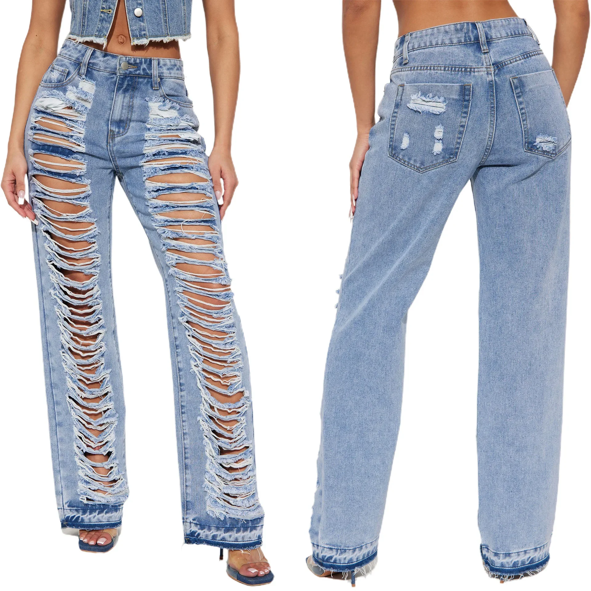 Women's Autumn Fashion New Slim-fit Sexy Micro Stretch Ripped Micro Flared Jeans Loose Sky Blue Make Old High-waisted Jeans T2k