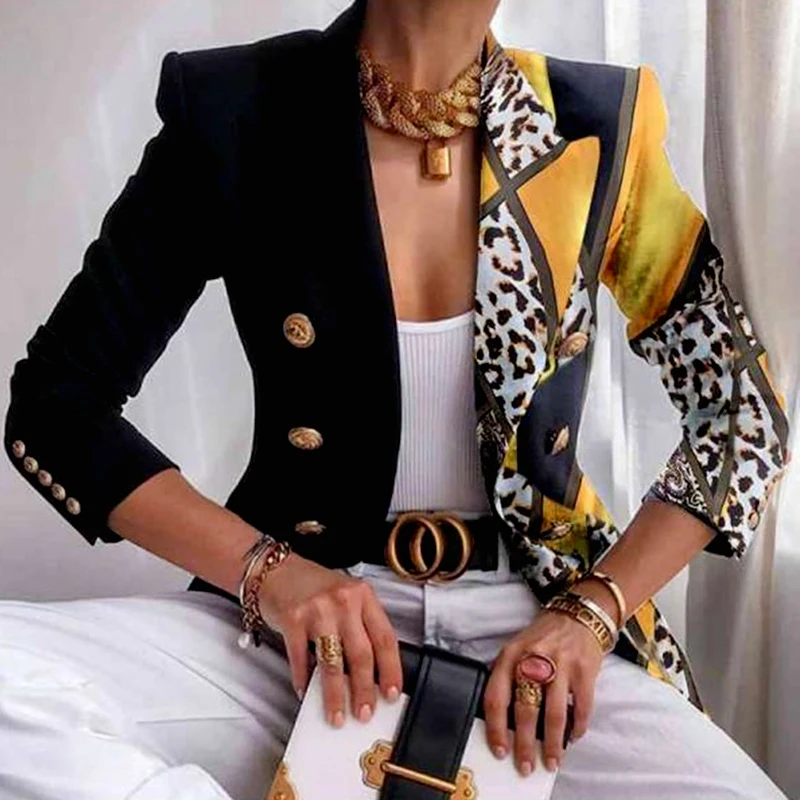 

Women Vintage Office Lady Coat Double Breasted Blazer Print Autumn Fashion Notched Collar Long Sleeve Ladies Outerwear Chic Top