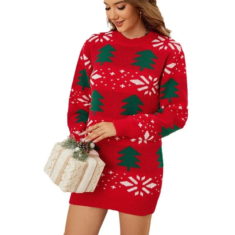 Superior Quality Trendy And Fashionable Christmas Pullover Sweater Christmas Tree Shaped Jacquard Long Red Knitted Woolen Dress