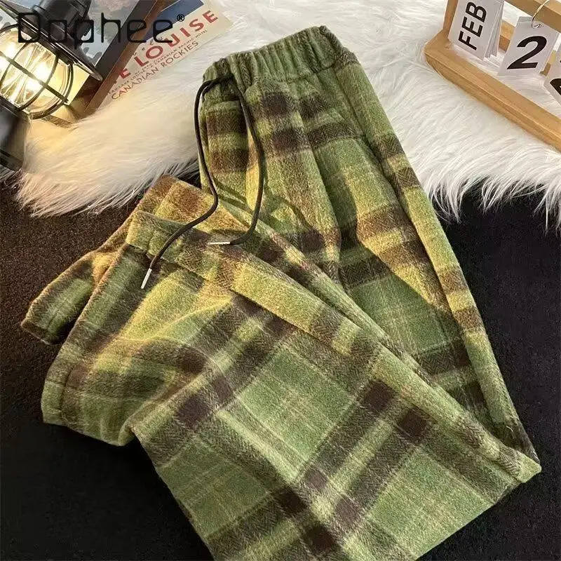 

2025 Spring and Autumn New Avocado Green Woolen Plaid Casual Pants Japanese Retro Men's Draped Black Brown Wide-Leg Pants